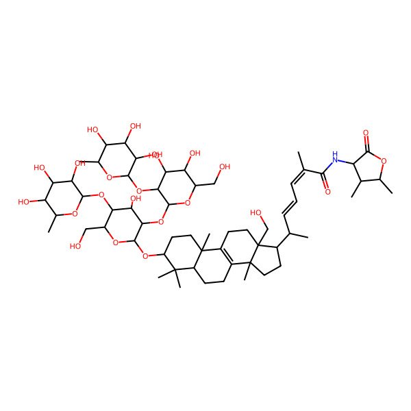2D Structure of (2E,4E,6R)-6-[(3S,5R,10S,13S,14S,17R)-3-[(2R,3R,4S,5S,6R)-3-[(2S,3R,4S,5S,6R)-4,5-dihydroxy-6-(hydroxymethyl)-3-[(2S,3R,4R,5R,6S)-3,4,5-trihydroxy-6-methyloxan-2-yl]oxyoxan-2-yl]oxy-4-hydroxy-6-(hydroxymethyl)-5-[(2S,3R,4R,5R,6S)-3,4,5-trihydroxy-6-methyloxan-2-yl]oxyoxan-2-yl]oxy-13-(hydroxymethyl)-4,4,10,14-tetramethyl-2,3,5,6,7,11,12,15,16,17-decahydro-1H-cyclopenta[a]phenanthren-17-yl]-N-[(3S,4R,5R)-4,5-dimethyl-2-oxooxolan-3-yl]-2-methylhepta-2,4-dienamide