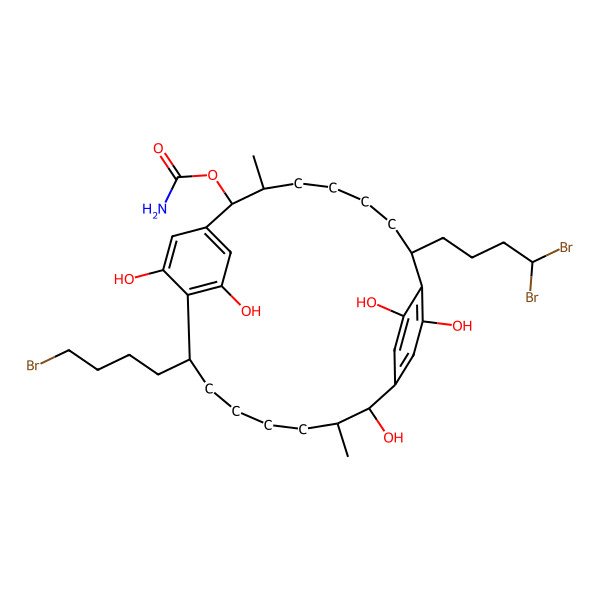 2D Structure of [19-(4-Bromobutyl)-8-(4,4-dibromobutyl)-10,13,21,24,26-pentahydroxy-3,14-dimethyl-2-tricyclo[18.2.2.29,12]hexacosa-1(22),9,11,20,23,25-hexaenyl] carbamate