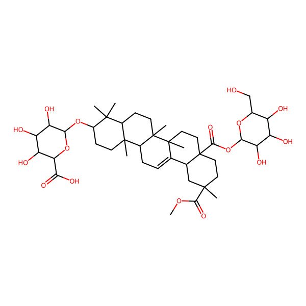 2D Structure of (2S,3S,4S,5R,6R)-6-[[(3S,4aR,6aR,6bS,8aR,11S,12aR,14aR,14bR)-11-methoxycarbonyl-4,4,6a,6b,11,14b-hexamethyl-8a-[(2S,3R,4S,5S,6R)-3,4,5-trihydroxy-6-(hydroxymethyl)oxan-2-yl]oxycarbonyl-1,2,3,4a,5,6,7,8,9,10,12,12a,14,14a-tetradecahydropicen-3-yl]oxy]-3,4,5-trihydroxyoxane-2-carboxylic acid