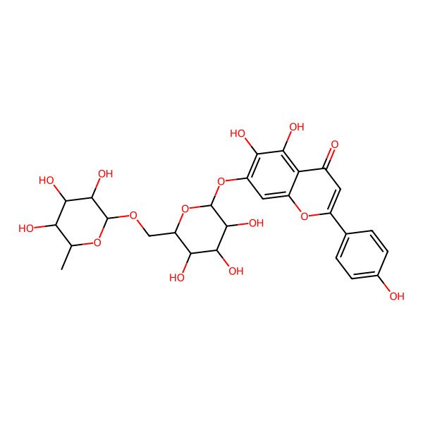 2D Structure of 5,6-dihydroxy-2-(4-hydroxyphenyl)-7-[(2S,3R,4S,5S,6R)-3,4,5-trihydroxy-6-[[(2S,3R,4R,5R,6S)-3,4,5-trihydroxy-6-methyloxan-2-yl]oxymethyl]oxan-2-yl]oxychromen-4-one