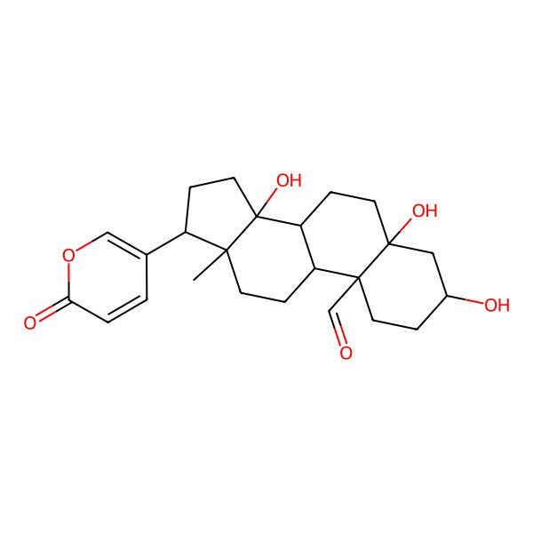 2D Structure of (3R,5S,8R,9S,10S,13R,14S,17R)-3,5,14-trihydroxy-13-methyl-17-(6-oxopyran-3-yl)-2,3,4,6,7,8,9,11,12,15,16,17-dodecahydro-1H-cyclopenta[a]phenanthrene-10-carbaldehyde