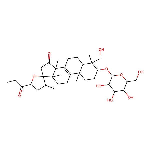 2D Structure of 4-(hydroxymethyl)-3',4,10,13,14-pentamethyl-5'-propanoyl-3-[3,4,5-trihydroxy-6-(hydroxymethyl)oxan-2-yl]oxyspiro[2,3,5,6,7,11,12,16-octahydro-1H-cyclopenta[a]phenanthrene-17,2'-oxolane]-15-one