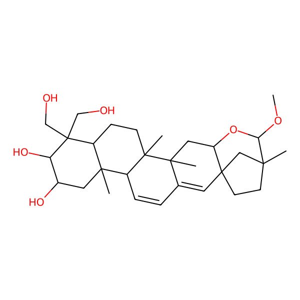 2D Structure of (1S,6R,7S,9R,10S,12R,15R,16S,18S,20R,21S)-11,11-bis(hydroxymethyl)-20-methoxy-7,15,16,21-tetramethyl-19-oxahexacyclo[19.2.1.01,18.03,16.06,15.07,12]tetracosa-2,4-diene-9,10-diol