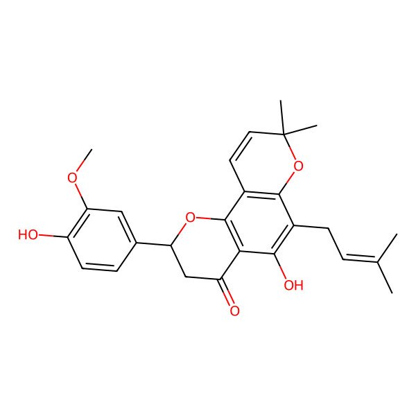 2D Structure of (2R)-5-hydroxy-2-(4-hydroxy-3-methoxyphenyl)-8,8-dimethyl-6-(3-methylbut-2-enyl)-2,3-dihydropyrano[2,3-h]chromen-4-one
