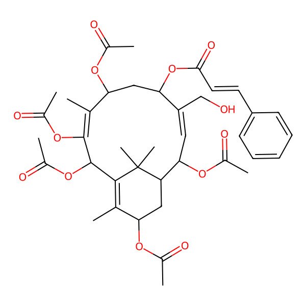 2D Structure of [(1R,2S,3Z,5S,7S,8E,10R,13S)-2,7,9,10,13-pentaacetyloxy-4-(hydroxymethyl)-8,12,15,15-tetramethyl-5-bicyclo[9.3.1]pentadeca-3,8,11-trienyl] (E)-3-phenylprop-2-enoate