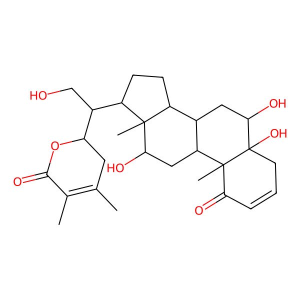 2D Structure of 2-[2-hydroxy-1-(5,6,12-trihydroxy-10,13-dimethyl-1-oxo-6,7,8,9,11,12,14,15,16,17-decahydro-4H-cyclopenta[a]phenanthren-17-yl)ethyl]-4,5-dimethyl-2,3-dihydropyran-6-one