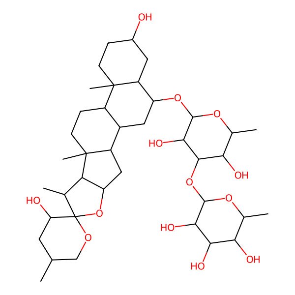 2D Structure of (2S,3R,4R,5R,6S)-2-[(2R,3R,4S,5R,6R)-2-[(1R,2S,3'R,4S,5'S,6R,7S,8R,9S,12S,13R,16S,18S,19S)-3',16-dihydroxy-5',7,9,13-tetramethylspiro[5-oxapentacyclo[10.8.0.02,9.04,8.013,18]icosane-6,2'-oxane]-19-yl]oxy-3,5-dihydroxy-6-methyloxan-4-yl]oxy-6-methyloxane-3,4,5-triol