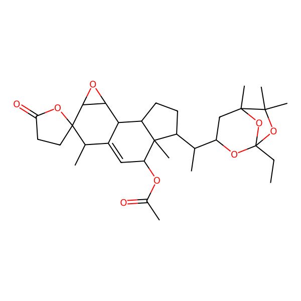 2D Structure of [(1R,2R,5S,6S,7S,10S,11R,12S,14S)-5-[(1S)-1-[(1S,3R,5R)-1-ethyl-5,6,6-trimethyl-2,7,8-trioxabicyclo[3.2.1]octan-3-yl]ethyl]-6,10-dimethyl-5'-oxospiro[13-oxatetracyclo[7.5.0.02,6.012,14]tetradec-8-ene-11,2'-oxolane]-7-yl] acetate