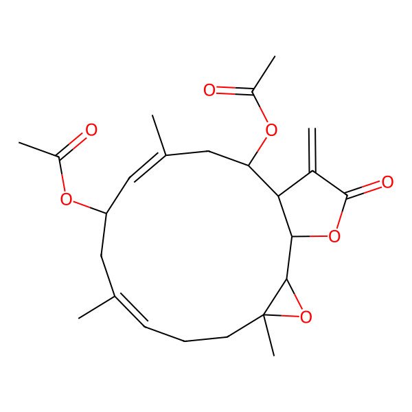 2D Structure of [(1R,2R,4R,7E,10S,11E,14S,15S)-14-acetyloxy-4,8,12-trimethyl-16-methylidene-17-oxo-3,18-dioxatricyclo[13.3.0.02,4]octadeca-7,11-dien-10-yl] acetate