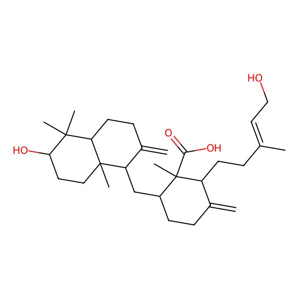 2D Structure of (1R,2R,6R)-6-[[(1S,4aS,6S,8aS)-6-hydroxy-5,5,8a-trimethyl-2-methylidene-3,4,4a,6,7,8-hexahydro-1H-naphthalen-1-yl]methyl]-2-[(E)-5-hydroxy-3-methylpent-3-enyl]-1-methyl-3-methylidenecyclohexane-1-carboxylic acid
