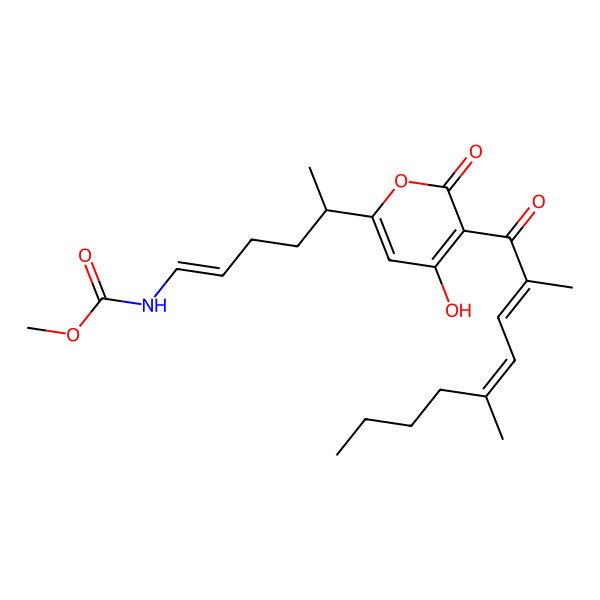 2D Structure of Carbamic acid, (5-(3-(2,5-dimethyl-1-oxo-2,4-nonadienyl)-4-hydroxy-2-oxo-2H-pyran-6-yl)-1-hexenyl)-, methyl ester, (R-(E,E,E))- 2D Structure of Carbamic acid, (5-(3-(2,5-dimethyl-1-oxo-2,4-nonadienyl)-4-hydroxy-2-oxo-2H-pyran-6-yl)-1-hexenyl)-, methyl ester, (R-(E,E,E))-