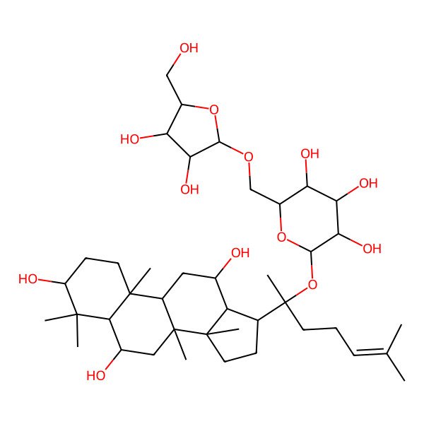 2D Structure of (2R,3S,4S,5R,6S)-2-[[(2S,3S,4R,5R)-3,4-dihydroxy-5-(hydroxymethyl)oxolan-2-yl]oxymethyl]-6-[(2S)-6-methyl-2-[(3S,5R,6S,8R,9R,10R,12R,13R,14R,17S)-3,6,12-trihydroxy-4,4,8,10,14-pentamethyl-2,3,5,6,7,9,11,12,13,15,16,17-dodecahydro-1H-cyclopenta[a]phenanthren-17-yl]hept-5-en-2-yl]oxyoxane-3,4,5-triol