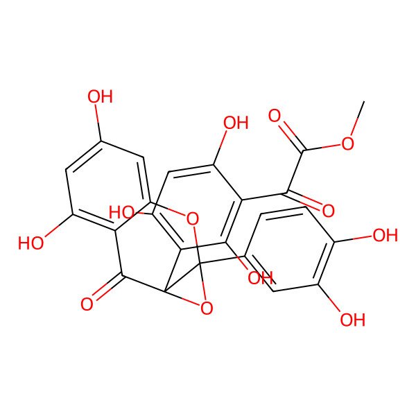 2D Structure of methyl 2-[3-[(1aR)-1a-(3,4-dihydroxyphenyl)-4,6-dihydroxy-7-oxooxireno[2,3-b]chromen-7a-yl]-2,4,6-trihydroxyphenyl]-2-oxoacetate
