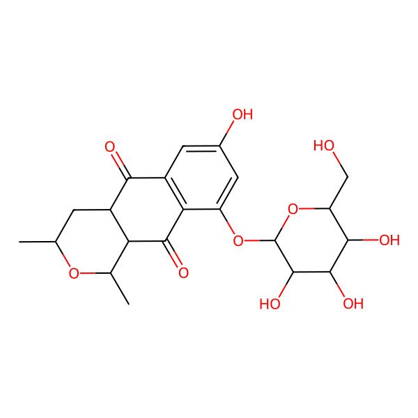 2D Structure of 7-hydroxy-1,3-dimethyl-9-[3,4,5-trihydroxy-6-(hydroxymethyl)oxan-2-yl]oxy-3,4,4a,10a-tetrahydro-1H-benzo[g]isochromene-5,10-dione