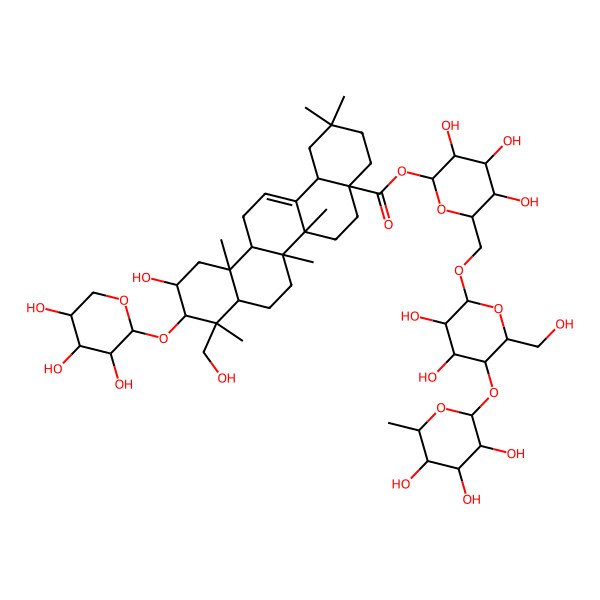 2D Structure of [(2S,3R,4S,5S,6R)-6-[[(2R,3R,4R,5S,6R)-3,4-dihydroxy-6-(hydroxymethyl)-5-[(2S,3R,4R,5R,6S)-3,4,5-trihydroxy-6-methyloxan-2-yl]oxyoxan-2-yl]oxymethyl]-3,4,5-trihydroxyoxan-2-yl] (4aS,6aR,6aS,6bR,8aR,9R,10R,11R,12aR,14bS)-11-hydroxy-9-(hydroxymethyl)-2,2,6a,6b,9,12a-hexamethyl-10-[(2S,3R,4S,5S)-3,4,5-trihydroxyoxan-2-yl]oxy-1,3,4,5,6,6a,7,8,8a,10,11,12,13,14b-tetradecahydropicene-4a-carboxylate