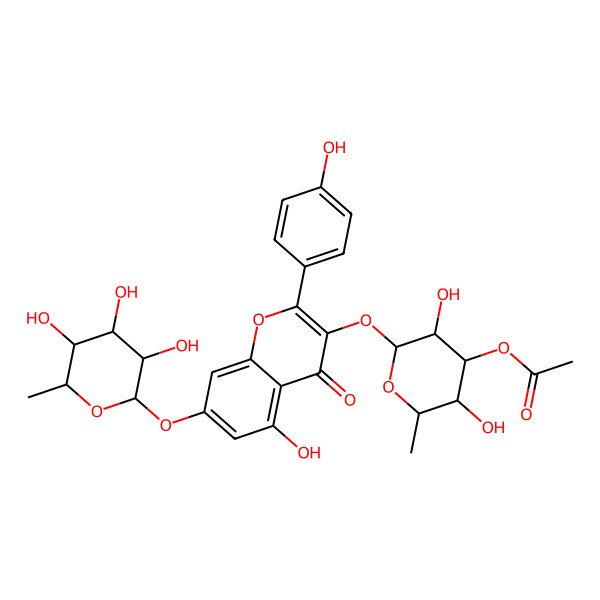 2D Structure of 3-((3-O-Acetyl-6-deoxy-alpha-L-mannopyranosyl)oxy)-7-((6-deoxy-alpha-L-mannopyranosyl)oxy)-5-hydroxy-2-(4-hydroxyphenyl)-4H-1-benzopyran-4-one