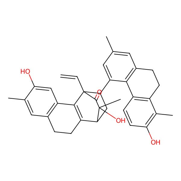 2D Structure of 1-Ethenyl-5,13-dihydroxy-15-(7-hydroxy-2,8-dimethyl-9,10-dihydrophenanthren-4-yl)-6,13-dimethyltetracyclo[10.2.2.02,11.03,8]hexadeca-2(11),3(8),4,6-tetraen-14-one