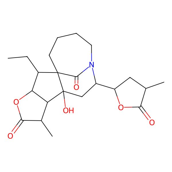 2D Structure of 2-Ethyl-8-hydroxy-6-methyl-10-(4-methyl-5-oxooxolan-2-yl)-4-oxa-11-azatetracyclo[9.4.1.01,8.03,7]hexadecane-5,16-dione