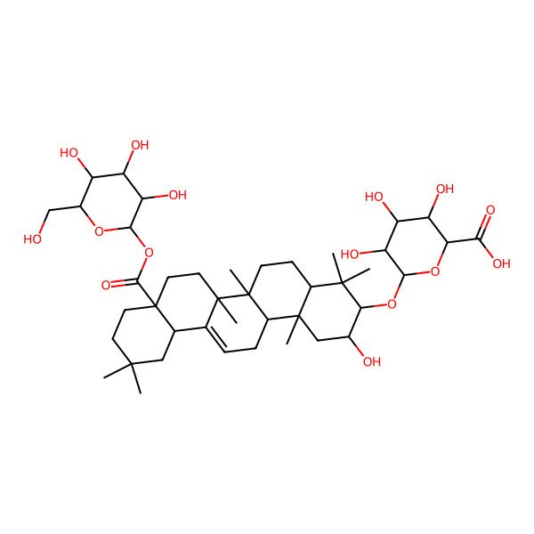2D Structure of (2S,3S,4R,5R,6R)-6-[[(2R,3S,4aR,6aR,6bS,8aS,12aS,14aR,14bR)-2-hydroxy-4,4,6a,6b,11,11,14b-heptamethyl-8a-[(2S,3R,4S,5S,6R)-3,4,5-trihydroxy-6-(hydroxymethyl)oxan-2-yl]oxycarbonyl-1,2,3,4a,5,6,7,8,9,10,12,12a,14,14a-tetradecahydropicen-3-yl]oxy]-3,4,5-trihydroxyoxane-2-carboxylic acid
