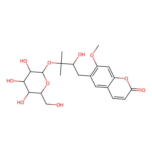 2D Structure of 6-[2-Hydroxy-3-methyl-3-[3,4,5-trihydroxy-6-(hydroxymethyl)oxan-2-yl]oxybutyl]-7-methoxychromen-2-one