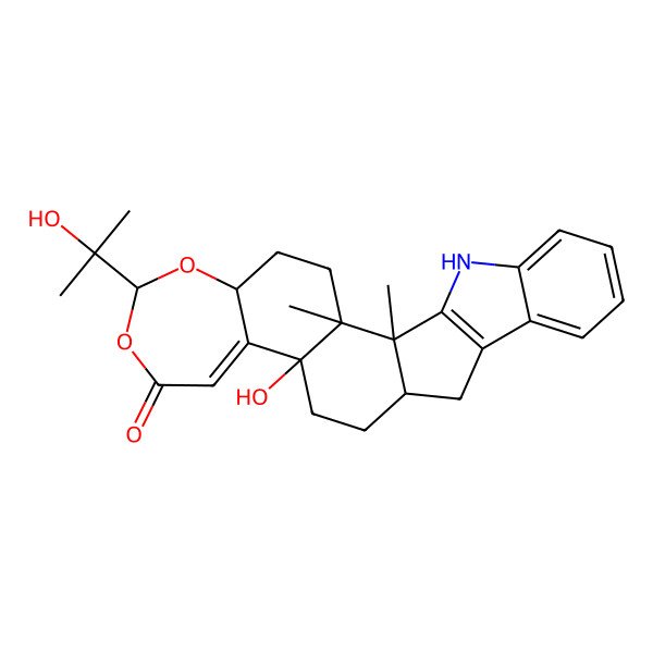 2D Structure of 12-Hydroxy-7-(2-hydroxypropan-2-yl)-1,2-dimethyl-6,8-dioxa-24-azahexacyclo[13.10.0.02,12.05,11.017,25.018,23]pentacosa-10,17(25),18,20,22-pentaen-9-one