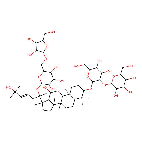 2D Structure of (2S,3R,4S,5S,6R)-2-[(2R,3R,4S,5S,6R)-2-[[(3S,5R,8R,9R,10R,12R,13S,14R,17S)-17-[(E,2S)-2-[(2S,3R,4S,5S,6R)-6-[[(2R,3R,4R,5S)-3,4-dihydroxy-5-(hydroxymethyl)oxolan-2-yl]oxymethyl]-3,4,5-trihydroxyoxan-2-yl]oxy-6-hydroxy-6-methylhept-4-en-2-yl]-12-hydroxy-4,4,8,10,14,17-hexamethyl-1,2,3,5,6,7,9,11,12,13,15,16-dodecahydrocyclopenta[a]phenanthren-3-yl]oxy]-4,5-dihydroxy-6-(hydroxymethyl)oxan-3-yl]oxy-6-(hydroxymethyl)oxane-3,4,5-triol