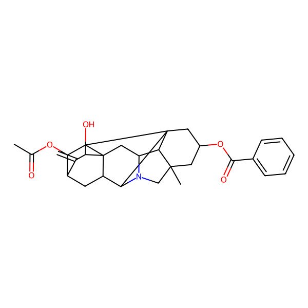 2D Structure of [(1S,3R,5R,8R,9S,11R,13R,14R,16S,17R,18S,19S)-19-acetyloxy-13-hydroxy-5-methyl-12-methylidene-7-azaheptacyclo[9.6.2.01,8.05,17.07,16.09,14.014,18]nonadecan-3-yl] benzoate