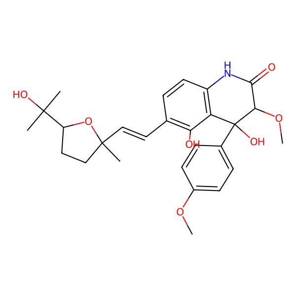 2D Structure of 4,5-Dihydroxy-6-[2-[5-(2-hydroxypropan-2-yl)-2-methyloxolan-2-yl]ethenyl]-3-methoxy-4-(4-methoxyphenyl)-1,3-dihydroquinolin-2-one