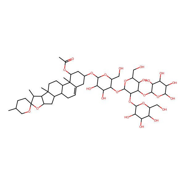 2D Structure of [(1S,2S,4S,5'S,6R,7S,8R,9S,12S,13R,14R,16R)-16-[(2R,3R,4R,5R,6R)-3,4-dihydroxy-5-[(2S,3R,4S,5R,6R)-5-hydroxy-6-(hydroxymethyl)-4-[(2S,3S,4R,5R,6R)-3,4,5,6-tetrahydroxyoxan-2-yl]oxy-3-[(2S,3R,4S,5S,6R)-3,4,5-trihydroxy-6-(hydroxymethyl)oxan-2-yl]oxyoxan-2-yl]oxy-6-(hydroxymethyl)oxan-2-yl]oxy-5',7,9,13-tetramethylspiro[5-oxapentacyclo[10.8.0.02,9.04,8.013,18]icos-18-ene-6,2'-oxane]-14-yl] acetate