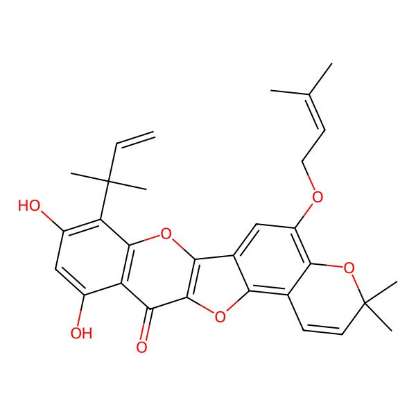 2D Structure of 6,8-Dihydroxy-17,17-dimethyl-20-(3-methylbut-2-enoxy)-5-(2-methylbut-3-en-2-yl)-3,12,18-trioxapentacyclo[11.8.0.02,11.04,9.014,19]henicosa-1(21),2(11),4(9),5,7,13,15,19-octaen-10-one