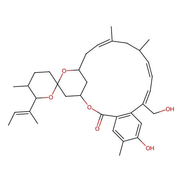 2D Structure of (1S,5'S,6'S,10Z,12E,14R,16E,19R,21R)-6'-[(E)-but-2-en-2-yl]-7-hydroxy-10-(hydroxymethyl)-5',6,14,16-tetramethylspiro[2,20-dioxatricyclo[17.3.1.04,9]tricosa-4(9),5,7,10,12,16-hexaene-21,2'-oxane]-3-one