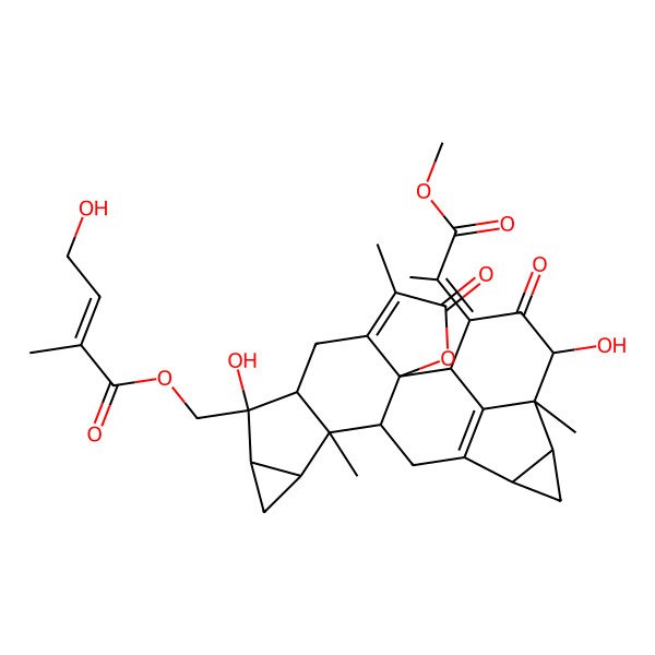 2D Structure of [(1R,2S,8R,9S,10S,12R,13R,14S,17S,19R,20S,21R,23Z)-9,21-dihydroxy-23-(1-methoxy-1-oxopropan-2-ylidene)-5,13,20-trimethyl-4,22-dioxo-3-oxaoctacyclo[14.7.1.02,6.02,14.08,13.010,12.017,19.020,24]tetracosa-5,16(24)-dien-9-yl]methyl (E)-4-hydroxy-2-methylbut-2-enoate