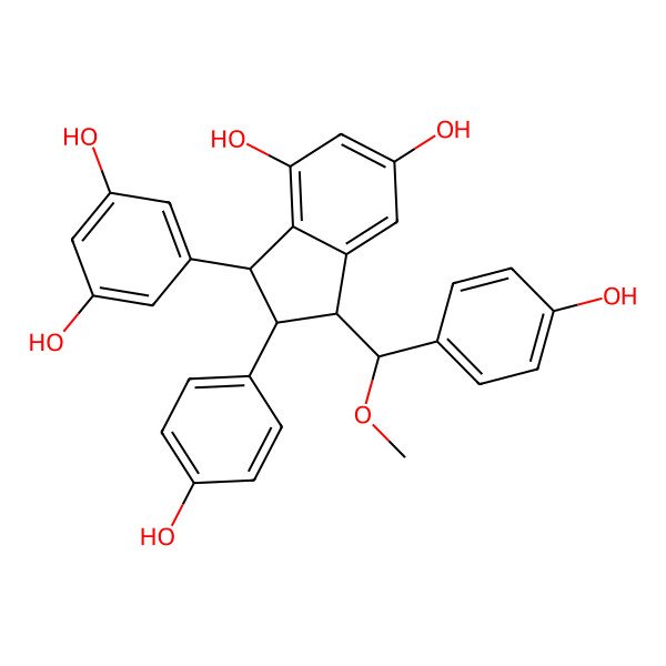 2D Structure of 3-(3,5-dihydroxyphenyl)-2-(4-hydroxyphenyl)-1-[(4-hydroxyphenyl)-methoxymethyl]-2,3-dihydro-1H-indene-4,6-diol