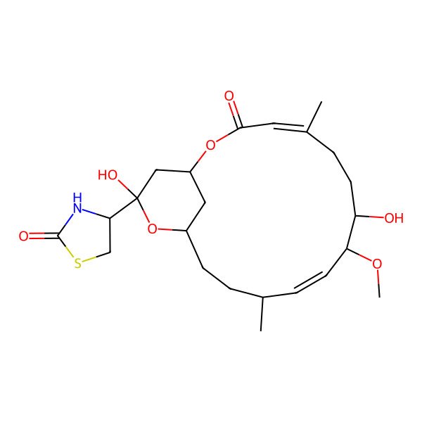 2D Structure of 4-(8,17-Dihydroxy-9-methoxy-5,12-dimethyl-3-oxo-2,16-dioxabicyclo[13.3.1]nonadeca-4,10-dien-17-yl)-1,3-thiazolidin-2-one