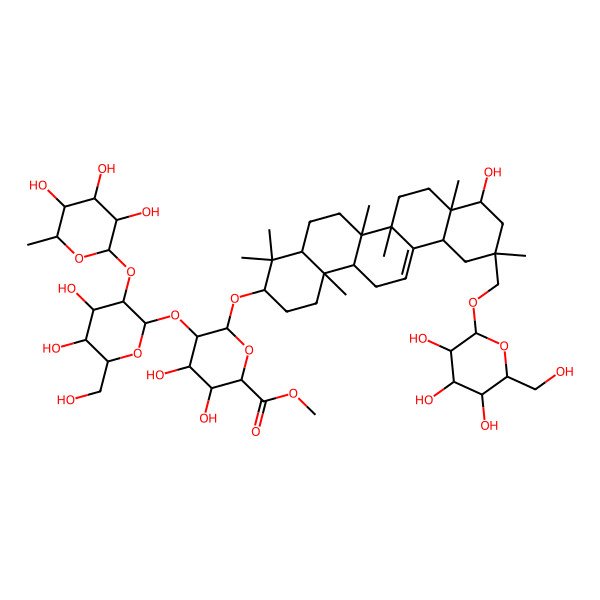 2D Structure of methyl (2S,3S,4S,5R,6R)-6-[[(3S,4aR,6aR,6bS,8aR,9R,11R,12aS,14aR,14bR)-9-hydroxy-4,4,6a,6b,8a,11,14b-heptamethyl-11-[[(2R,3R,4S,5S,6R)-3,4,5-trihydroxy-6-(hydroxymethyl)oxan-2-yl]oxymethyl]-1,2,3,4a,5,6,7,8,9,10,12,12a,14,14a-tetradecahydropicen-3-yl]oxy]-5-[(2S,3R,4S,5R,6R)-4,5-dihydroxy-6-(hydroxymethyl)-3-[(2S,3R,4R,5R,6S)-3,4,5-trihydroxy-6-methyloxan-2-yl]oxyoxan-2-yl]oxy-3,4-dihydroxyoxane-2-carboxylate