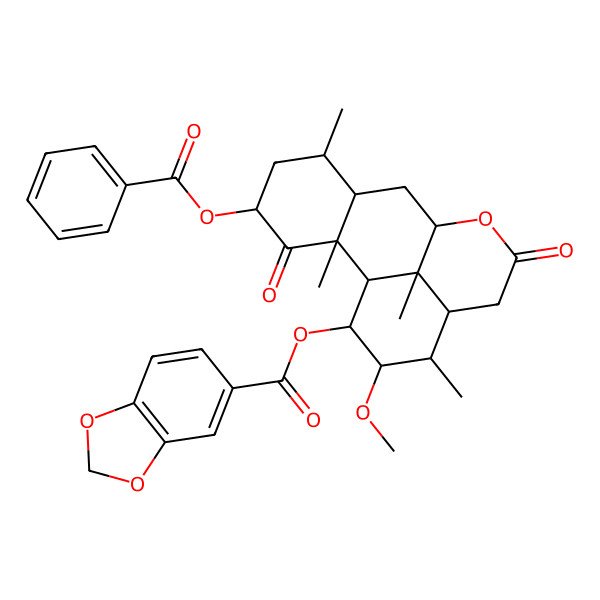 2D Structure of (4-Benzoyloxy-15-methoxy-2,6,14,17-tetramethyl-3,11-dioxo-10-oxatetracyclo[7.7.1.02,7.013,17]heptadecan-16-yl) 1,3-benzodioxole-5-carboxylate
