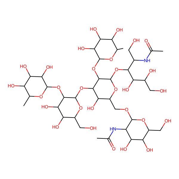 2D Structure of N-[(2R,3R,4R,5S,6R)-2-[[(2R,3S,4S,5R,6S)-6-[(2S,3S,4S,5R)-2-acetamido-1,4,5,6-tetrahydroxyhexan-3-yl]oxy-4-[(2S,3R,4S,5R,6R)-4,5-dihydroxy-6-(hydroxymethyl)-3-[(2R,3R,4S,5R,6R)-3,4,5-trihydroxy-6-methyloxan-2-yl]oxyoxan-2-yl]oxy-3-hydroxy-5-[(2R,3R,4S,5R,6R)-3,4,5-trihydroxy-6-methyloxan-2-yl]oxyoxan-2-yl]methoxy]-4,5-dihydroxy-6-(hydroxymethyl)oxan-3-yl]acetamide
