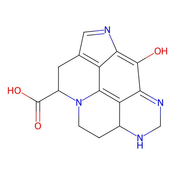 2D Structure of 18-Hydroxy-2,7,11,13-tetrazapentacyclo[12.3.1.04,17.07,16.010,15]octadeca-1(18),2,4(17),13,15-pentaene-6-carboxylic acid