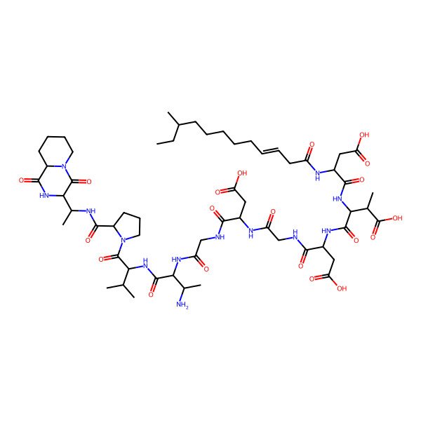 2D Structure of 4-[[1-[[2-[[1-[[2-[[3-amino-1-[[1-[2-[1-(1,4-dioxo-3,6,7,8,9,9a-hexahydro-2H-pyrido[1,2-a]pyrazin-3-yl)ethylcarbamoyl]pyrrolidin-1-yl]-3-methyl-1-oxobutan-2-yl]amino]-1-oxobutan-2-yl]amino]-2-oxoethyl]amino]-3-carboxy-1-oxopropan-2-yl]amino]-2-oxoethyl]amino]-3-carboxy-1-oxopropan-2-yl]amino]-3-[[3-carboxy-2-(10-methyldodec-3-enoylamino)propanoyl]amino]-2-methyl-4-oxobutanoic acid