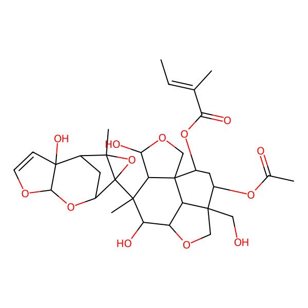 2D Structure of [(4S,5R,6S,7S,8R,11S,12R,14R,15S)-12-acetyloxy-4,7-dihydroxy-11-(hydroxymethyl)-6-[(1S,2R,6S,8S,9R,11S)-2-hydroxy-11-methyl-5,7,10-trioxatetracyclo[6.3.1.02,6.09,11]dodec-3-en-9-yl]-6-methyl-3,9-dioxatetracyclo[6.6.1.01,5.011,15]pentadecan-14-yl] (E)-2-methylbut-2-enoate
