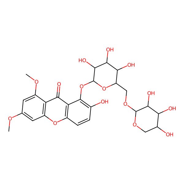 2D Structure of 2-hydroxy-6,8-dimethoxy-1-[(2R,3S,4R,5R,6S)-3,4,5-trihydroxy-6-[[(2R,3S,4R,5S)-3,4,5-trihydroxyoxan-2-yl]oxymethyl]oxan-2-yl]oxyxanthen-9-one