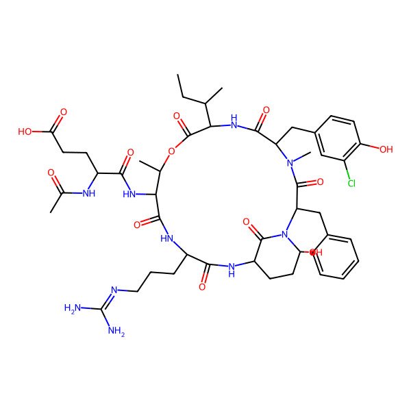 2D Structure of 4-Acetamido-5-[[2-benzyl-8-butan-2-yl-5-[(3-chloro-4-hydroxyphenyl)methyl]-15-[3-(diaminomethylideneamino)propyl]-21-hydroxy-4,11-dimethyl-3,6,9,13,16,22-hexaoxo-10-oxa-1,4,7,14,17-pentazabicyclo[16.3.1]docosan-12-yl]amino]-5-oxopentanoic acid