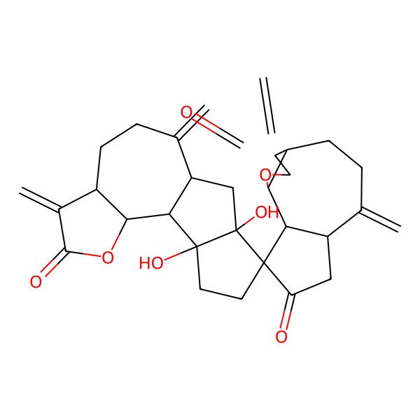 2D Structure of 12,16-dihydroxy-3',5,6',9-tetramethylidenespiro[3-oxatetracyclo[8.6.0.02,6.012,16]hexadecane-13,9'-4,5,6a,7,9a,9b-hexahydro-3aH-azuleno[4,5-b]furan]-2',4,8'-trione