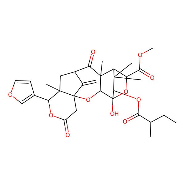 2D Structure of Methyl 8-(furan-3-yl)-1-hydroxy-9,13,18,18-tetramethyl-17-(2-methylbutanoyloxy)-19-methylidene-6,12-dioxo-3,7,16-trioxapentacyclo[12.2.2.14,11.02,13.04,9]nonadecane-15-carboxylate