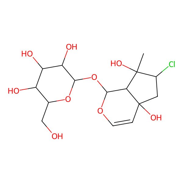 2D Structure of (2S,3R,4S,5S,6R)-2-[[(1S,4aS,6R,7R,7aS)-6-chloro-4a,7-dihydroxy-7-methyl-1,5,6,7a-tetrahydrocyclopenta[c]pyran-1-yl]oxy]-6-(hydroxymethyl)oxane-3,4,5-triol