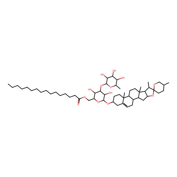 2D Structure of [(2R,3S,4S,5R,6R)-3,5-dihydroxy-6-[(1S,2S,4S,5'R,6R,7S,8R,9S,12S,13R,16S)-5',7,9,13-tetramethylspiro[5-oxapentacyclo[10.8.0.02,9.04,8.013,18]icos-18-ene-6,2'-oxane]-16-yl]oxy-4-[(2S,3R,4R,5R,6S)-3,4,5-trihydroxy-6-methyloxan-2-yl]oxyoxan-2-yl]methyl hexadecanoate