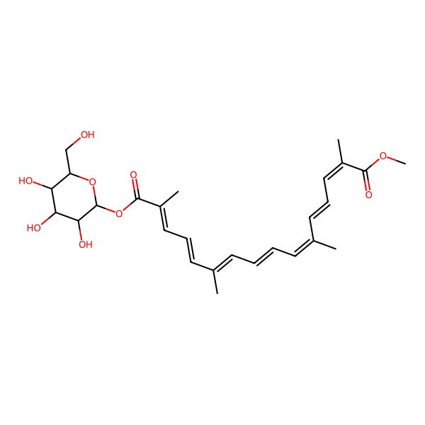 2D Structure of 1-O-methyl 16-O-[3,4,5-trihydroxy-6-(hydroxymethyl)oxan-2-yl] 2,6,11,15-tetramethylhexadeca-2,4,6,8,10,12,14-heptaenedioate