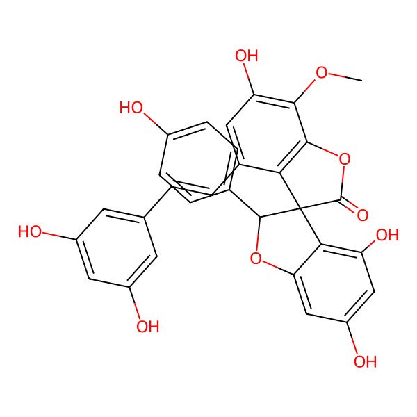2D Structure of 4-[2-(3,5-dihydroxyphenyl)ethenyl]-4',6,6'-trihydroxy-2'-(4-hydroxyphenyl)-7-methoxyspiro[1-benzofuran-3,3'-2H-1-benzofuran]-2-one