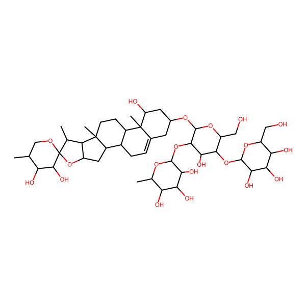 2D Structure of (1S,2S,3'S,4S,4'S,5'R,6S,7S,8R,9S,12S,13R,14R,16R)-16-[(2R,3R,4S,5S,6R)-4-hydroxy-6-(hydroxymethyl)-5-[(2S,3R,4S,5S,6R)-3,4,5-trihydroxy-6-(hydroxymethyl)oxan-2-yl]oxy-3-[(2S,3R,4R,5R,6S)-3,4,5-trihydroxy-6-methyloxan-2-yl]oxyoxan-2-yl]oxy-5',7,9,13-tetramethylspiro[5-oxapentacyclo[10.8.0.02,9.04,8.013,18]icos-18-ene-6,2'-oxane]-3',4',14-triol