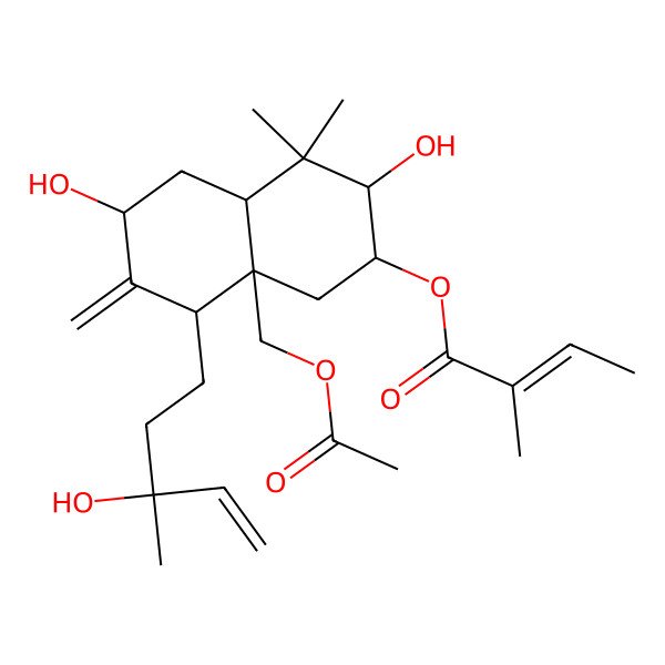 2D Structure of [8a-(acetyloxymethyl)-3,6-dihydroxy-8-(3-hydroxy-3-methylpent-4-enyl)-4,4-dimethyl-7-methylidene-2,3,4a,5,6,8-hexahydro-1H-naphthalen-2-yl] 2-methylbut-2-enoate